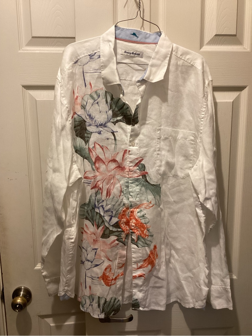 Tommy Bahama White Linen Shirt with Blue Embroidered Fish & Coral Trim
